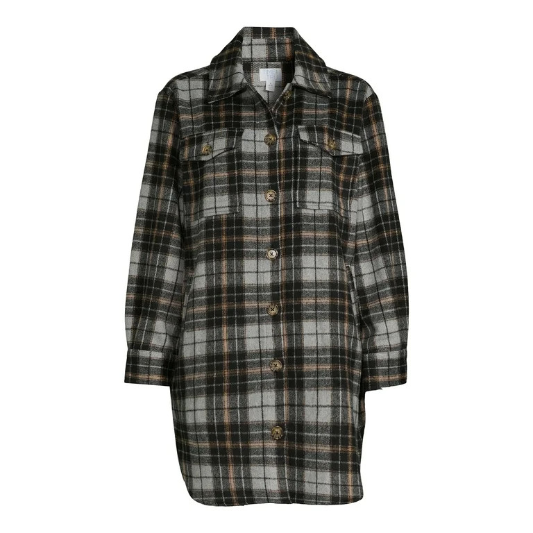 Time and Tru Women's Long Line Plaid Shacket, Sizes XS -XXXL | Walmart (US)