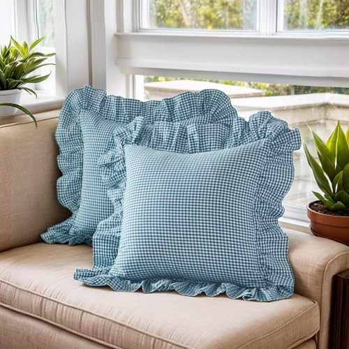 Lemfux Blue Ruffle Checked Decoratived Throw Pillow Cover Standard Size 18x18inch, Set of 2, Cotton Gingham Pillowcases Shabby Chic Pillow Cases Pillow Cover Coquette Pillow Covers | Amazon (US)