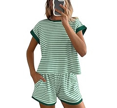 BTFBM Womens Striped Knit Sets 2 Piece Outfits 2025 Summer Short Sleeve Tops Elastic Waist Shorts... | Amazon (US)
