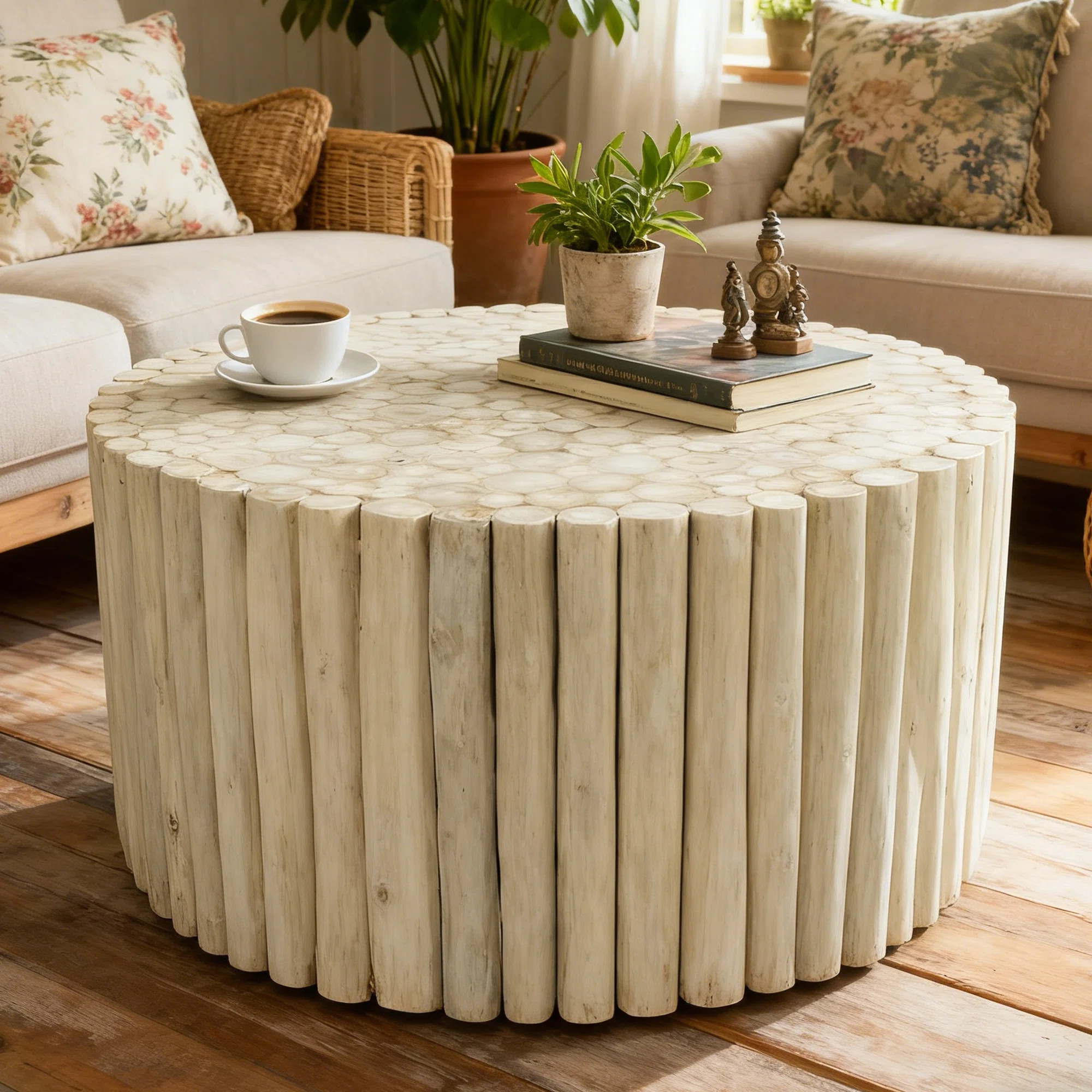 Solid Wood Cylindrical Slatted Natural Texture Living Room Coffee Table | Wayfair North America