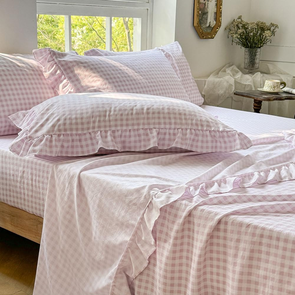 NSNLGSGC Pink Gingham Ruffle Twin Sheet Set, Pink Soft Pre-Washed Microfiber Plaid Twin Bed Sheet... | Amazon (US)