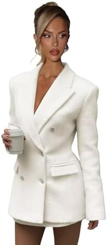 Blazer Dress for Women Sexy Elegant Peak Lapel Suit Dress Double Breasted Wool Pea Coat Jacket Dr... | Amazon (US)