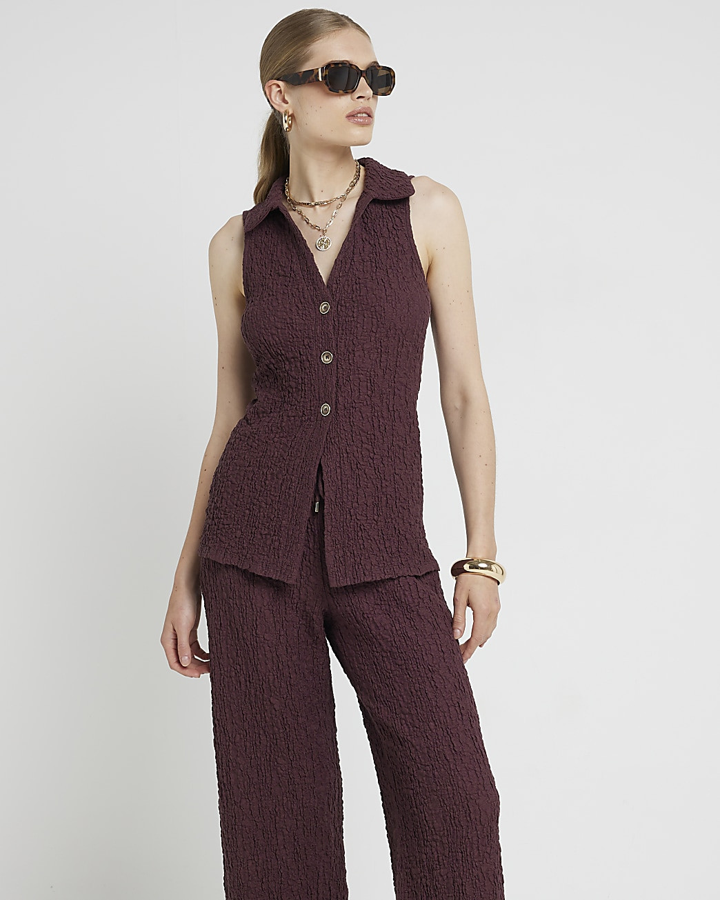 Red Textured Sleeveless Shirt | River Island (UK & IE)