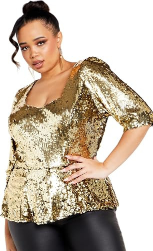 City Chic Women's Plus Size Sequin Puff Top, 18 Bronze | Amazon (US)