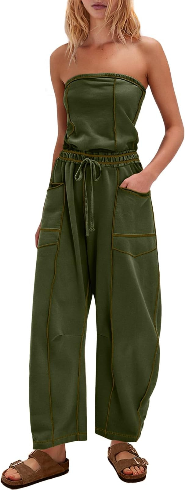 Womens Strapless Jumpsuits Off the Shoulder Tube Top barrel Overalls Loose Fit Romper with Pocket... | Amazon (US)