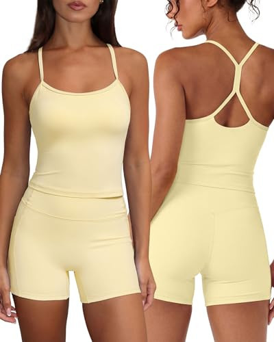 SUUKSESS Women 2 Piece Workout Sets Padded Racerback Sports Bra High Waisted Biker Shorts with Pockets (Butter Yellow,XS) | Amazon (US)