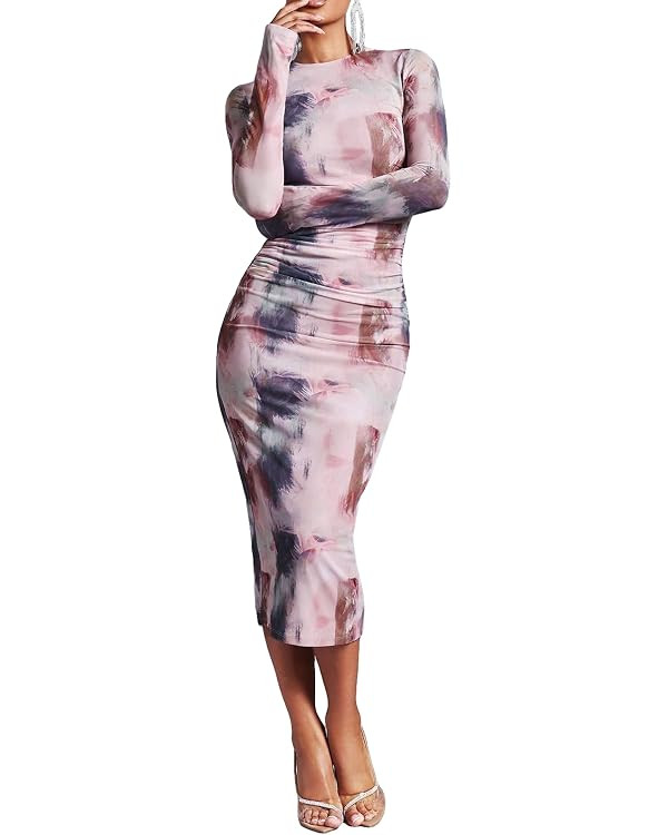 GORGLITTER Women's Mesh Long Sleeve Bodycon Midi Dress Sheer Ruched Tie Dye Crew Neck Dresses | Amazon (US)