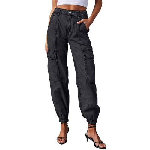 LONGYIDA Jean Joggers for Women High Waisted Pull-On Elastic Waist Stretch Denim Cargo Pants(Black03,S) | Amazon (US)