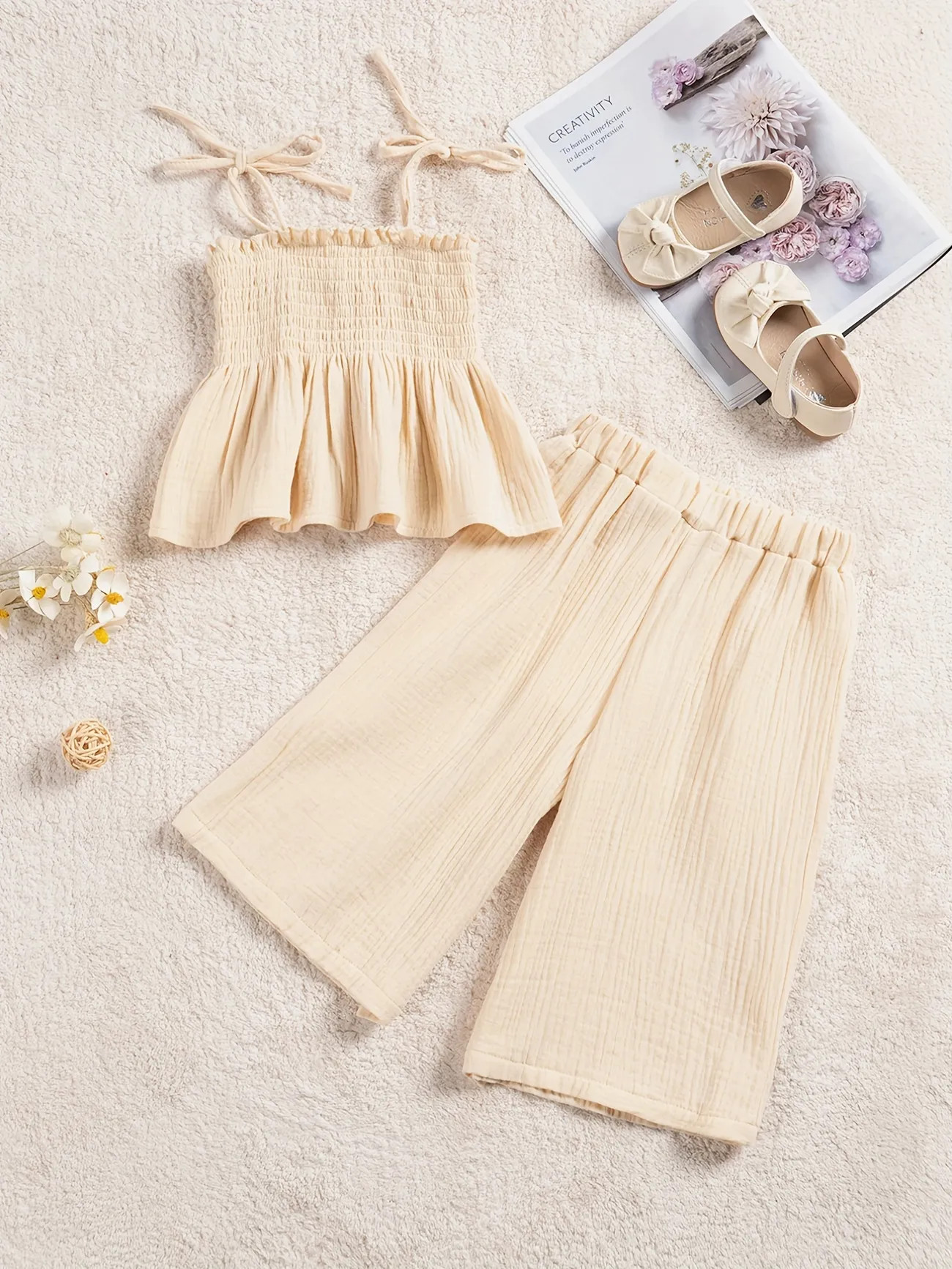 2pcs Baby Infant Girls Casual Plain Color Shirred Camisole Top & Wide Leg Pants Set Clothes | Temu Affiliate Program