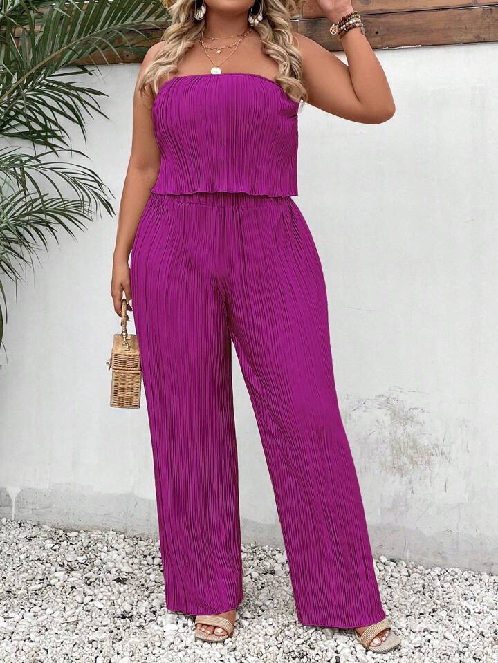 SHEIN Privé Plus Solid Tube Top & Wide Leg Pants | SHEIN