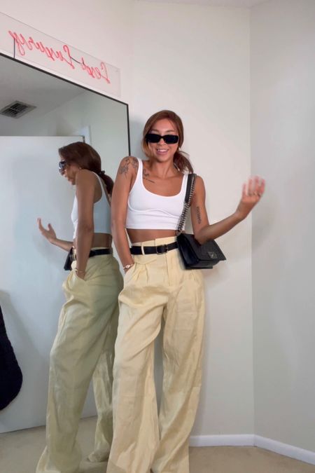 Casual summer outfit inspo 🧈🕶️🫶🏽 linen trousers, yellow trousers, yellow pants, cute summer outfit, trousers outfit 

#LTKstyletip