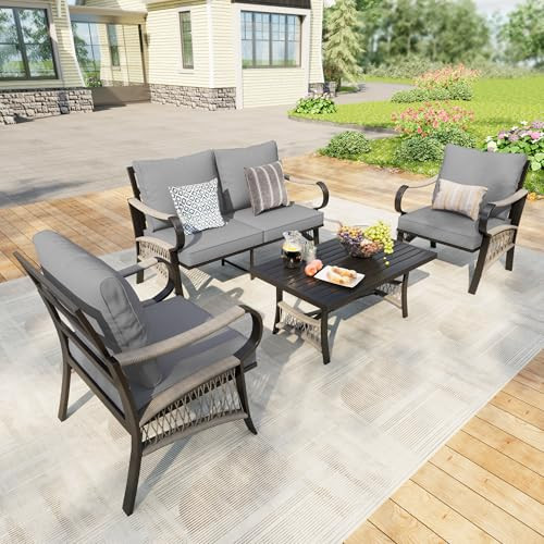 PCSXDSW 4 Pieces Patio Furniture Set, Metal Outdoor Conversation Sets with Coffee Table, Modern Couch Sofa Set Includes Single Chairs and Loveseat Seating Group (Thick Gray Cushions) | Amazon (US)