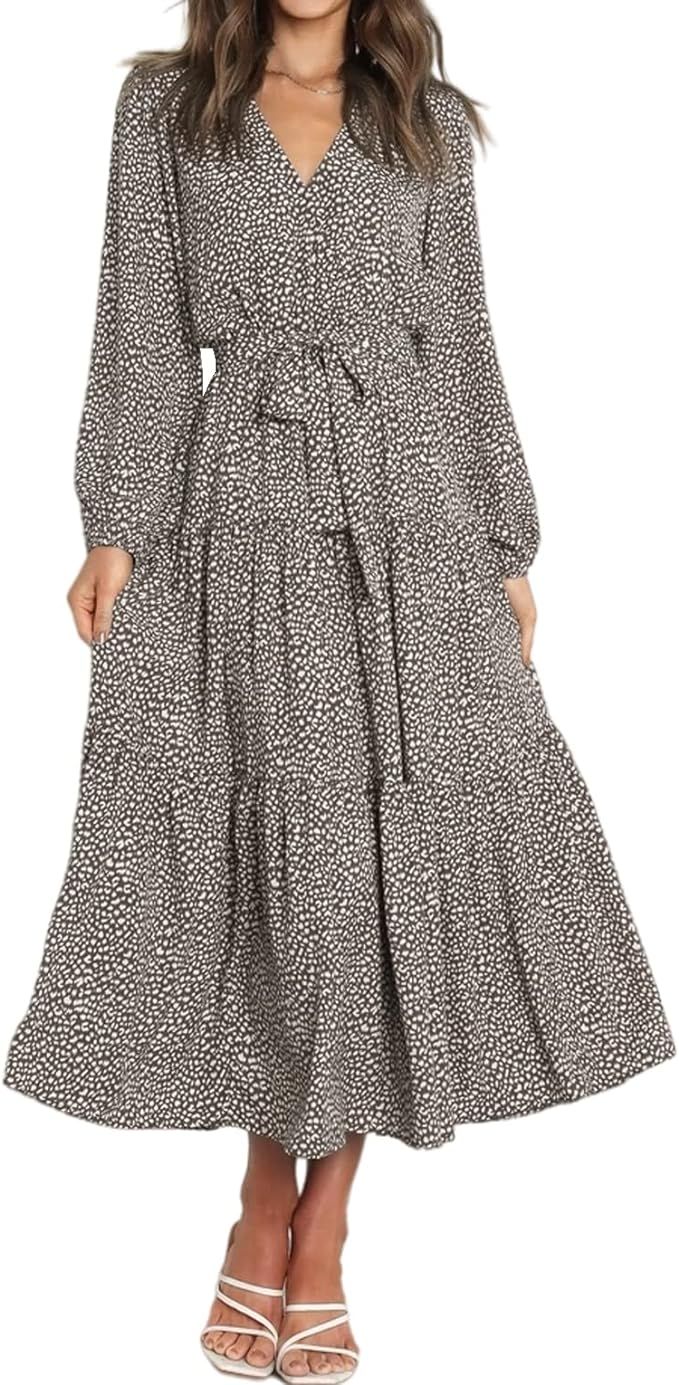 R.Vivimos Women's Fall Long Sleeve Casual Dresses Wrap V Neck Polka Dots Tiered Ruffle Flowy Midi... | Amazon (US)