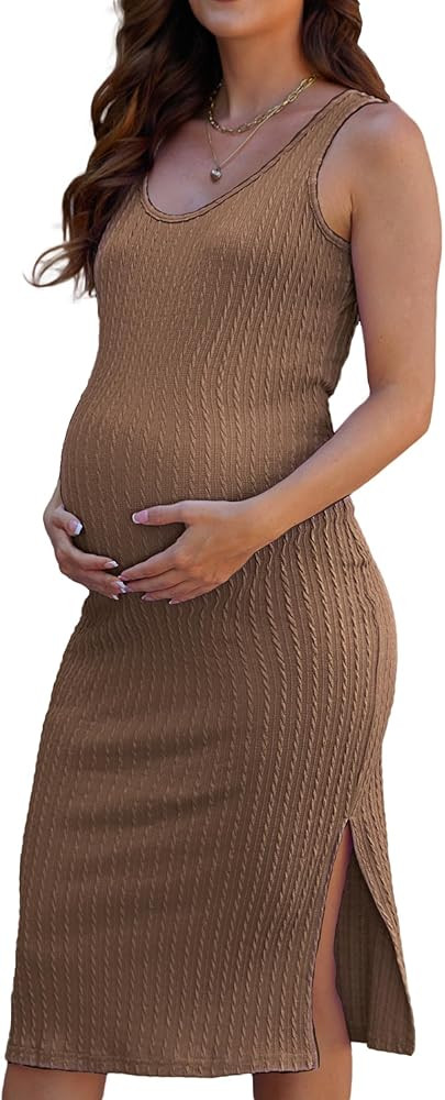 Vividin Women Maternity Dresses Rib Knit Sleeveless Tank Crew Neck Side Slit Fitted Bodycon Long ... | Amazon (US)