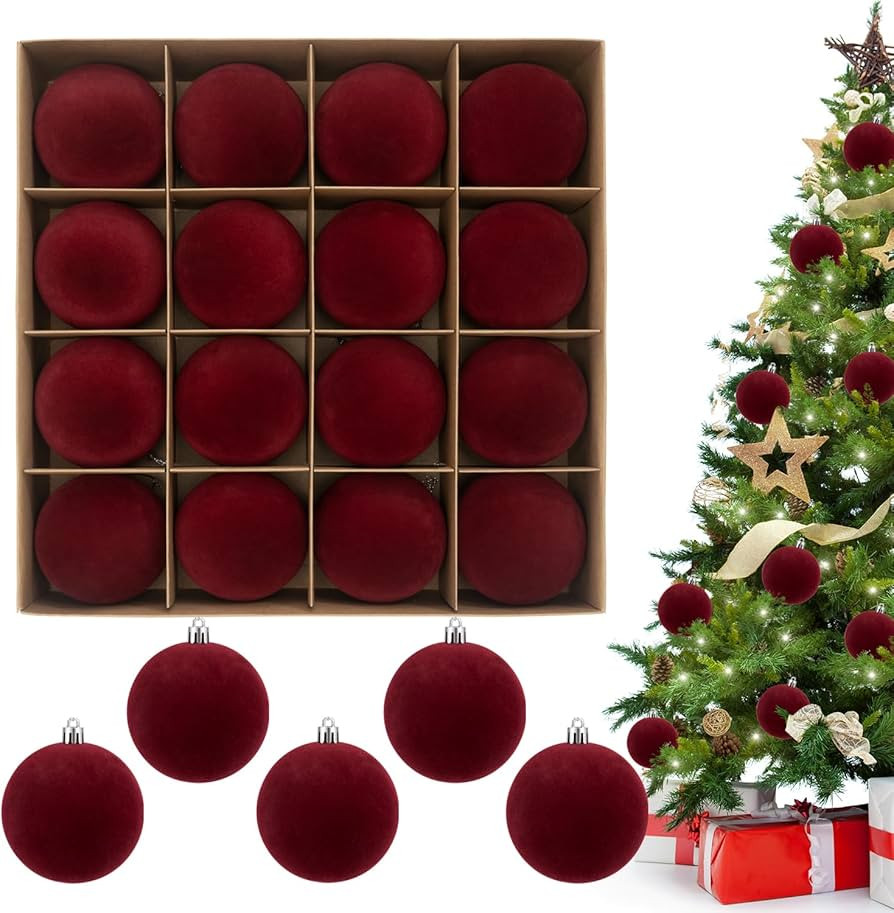 3.15" Red Velvet Christmas Ball Ornaments Set, 16 pcs Flocked Burgundy Xmas Tree Decoration, Larg... | Amazon (US)