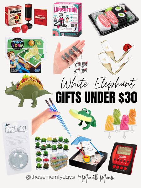 White elephant gifts under $30- All from Amazon 

- desktop boxing 
- home liposuction kit 
- sushi sock box 
- tiny pong- play by yourself 
- mini pocket knife set 
- chambong champagne glass 
- tricera taco holder 
- lightsaber chopsticks 
- the gift of “NOTHING”
- unicorn popsicle molds
- handheld Yahtzee game 
- mini cactus candle set 
- frog sponge holder 
- desktop beach break 


#LTKunder50 #LTKGiftGuide #LTKHoliday
