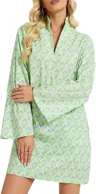 EZAPINE Bell Sleeve Dress for Women Floral V Neck Stand Collar Cotton Shift A line Vacation Beach... | Amazon (US)