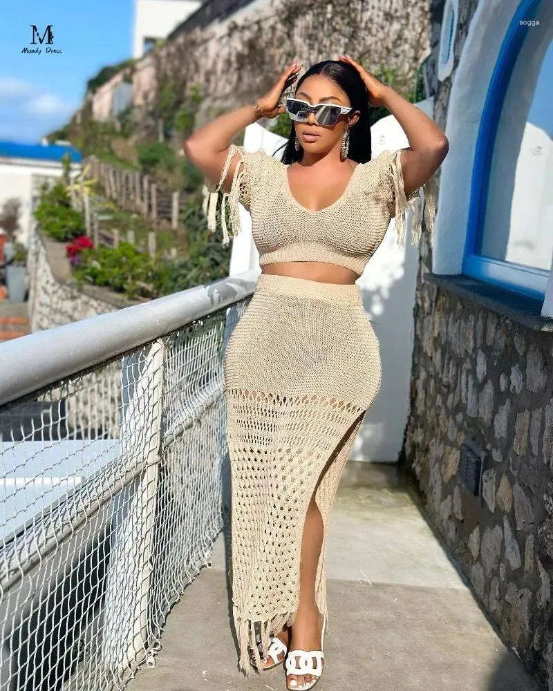 Work Dresses Sexy Women Hand Crochet Set Knit Tassels Crop Tops And Skirt Outfits Summer Holiday ... | DHGate