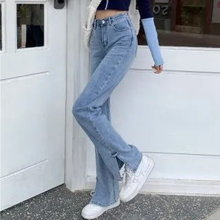 High-Waist Straight Leg Side-Slit Jeans | YesStyle Global