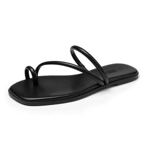 Rihero Women's Slide Sandals Comfortable Square Toe Beach Slip On Strappy Thong Flat Sandals | Amazon (US)