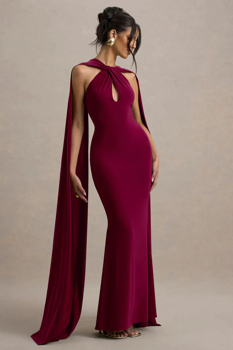 Rhoda | Burgundy Twist Halter-Neck Cape Maxi Dress | Club L London