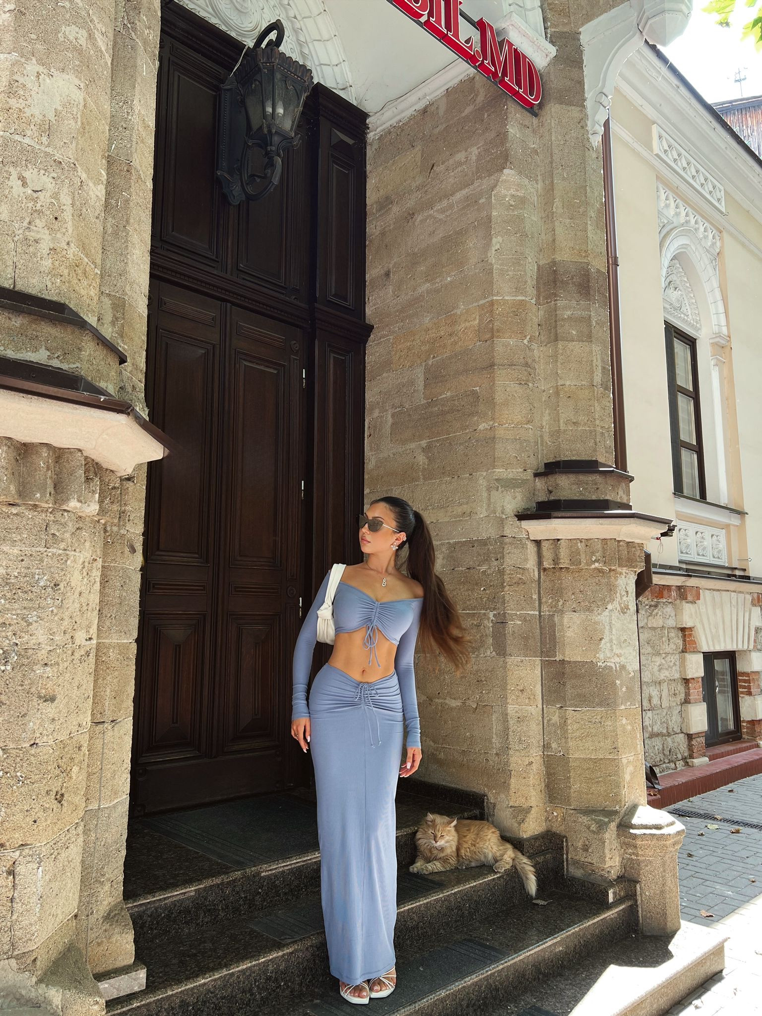 Blue skirt co-ord, ruched front top, crop top, maxi skirt, white knot bag, strappy heels, white heels, bottega, skims dupe 

#LTKstyletip #LTKeurope #LTKSeasonal