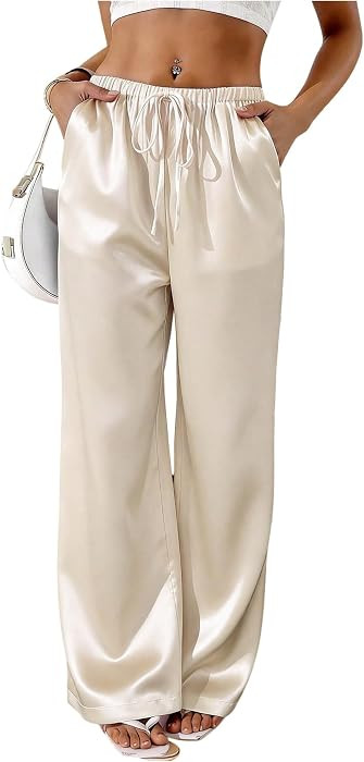 GORGLITTER Women's Low Rise Satin Pants Wide Leg Baggy Silky Trousers | Amazon (US)