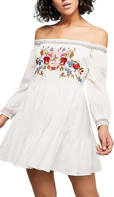 R.Vivimos Women's Long Sleeve Cotton Off Shoulder Floral Embroidery Casual Swing Short Dresses | Amazon (US)