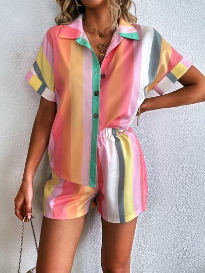 Rainbow Striped Batwing Sleeve Blouse With Shorts | SHEIN