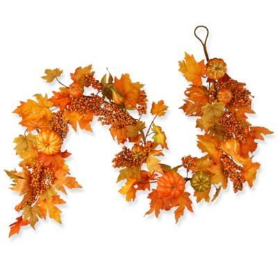 National Tree Company® 70-Inch Maple Leaf, Pumpkin, and Berry Garland in Orange | Bed Bath & Beyond