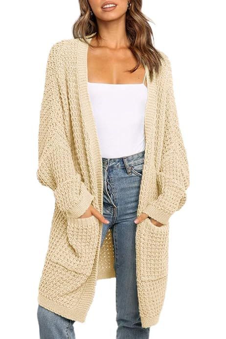 ANRABESS Women's Long Batwing Sleeve Open Front Chunky Knit Cardigan Sweater with Pockets | Amazon (CA)