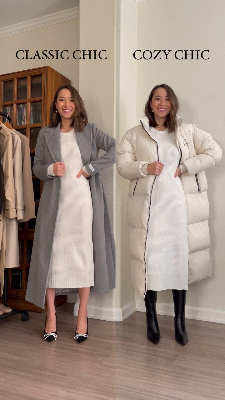 Holiday dressing & layering - classic or cozy chic? 
Calvin Klein sweatshirt & sweatpants xs 
Sweater Dress xs - needs a slip dress underneath 
Gray wool coat xs 
White puffer coat xs 

#LTKstyletip #LTKHoliday #LTKsalealert