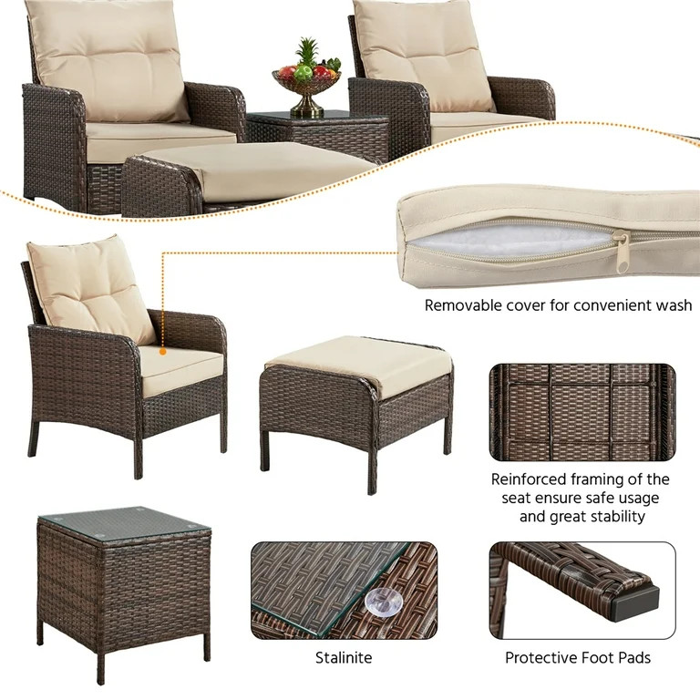 Topeakmart 5-Pieces Outdoor Rattan Wicker Conversation Patio Furniture Set with Ottoman and Coffe... | Walmart (US)