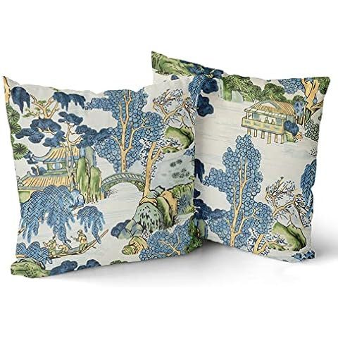 Asian Scenic Pillow in Blue and Kelly Green Lumbar Decor Ative Chinoiserie Cover Cushion Rustic D... | Amazon (US)