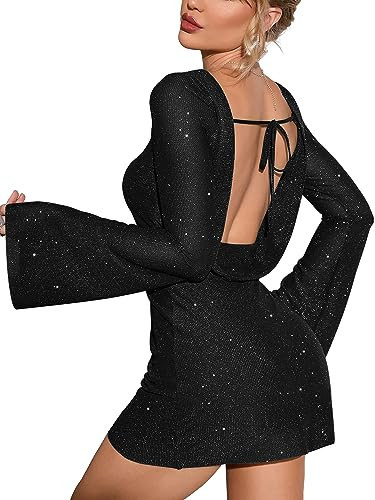 EYNMIN Sparkly Sequin Mini Dress Long Sleeve Backless Tie Glitter Short Going Out Dresses for Women Black L | Amazon (US)