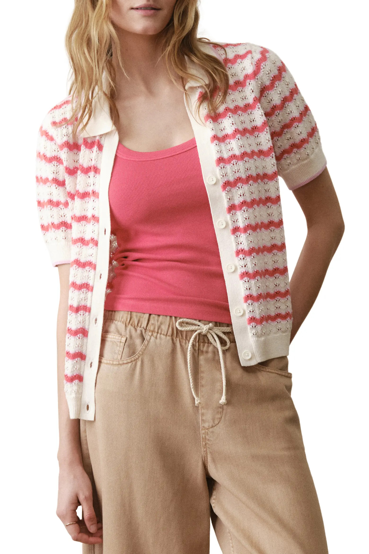 Marine Layer Piper Stripe Pointelle Stitch Cotton Button-Up Shirt (Women) | Nordstrom | Nordstrom
