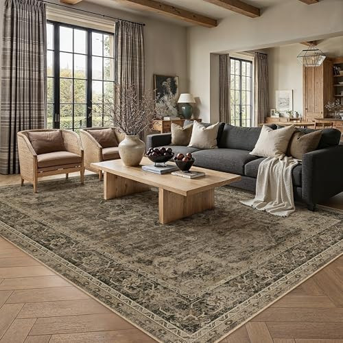 PureCozy 6x9 Washable Area Rug Brown for Living Room Vintage Oriental Non Slip Low Pile Carpet Soft Traditional Distressed Throw Rug for Dining Room Bedroom Office Indoor | Amazon (US)