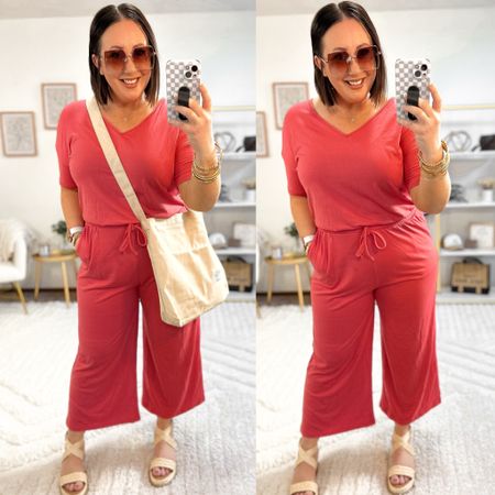 Amazon wide leg jumpsuits perfect for spring or for warmer weather vacations!  This one does have a little button in the back but I was able to easily step right in and pull it on without having to unbutton it!  Total win in my big.  The neckline is very stretchy in all the right ways. 

XL in mine.  I would size up one if you’re a similar size. Love this peach color!

Sandals run tts.

#LTKSeasonal #LTKfindsunder50 #LTKmidsize