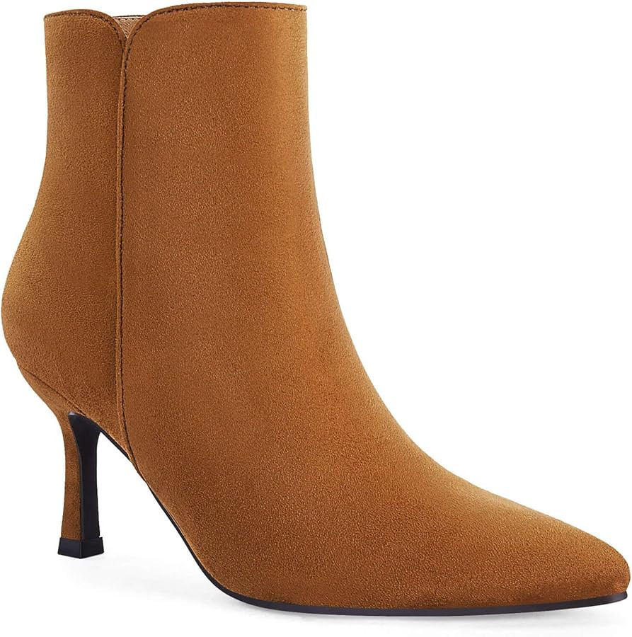 Coutgo Women's Kitten Heel Booties Pointed Toe Low Stiletto Side Zipper Ankle Boots Shoes | Amazon (US)