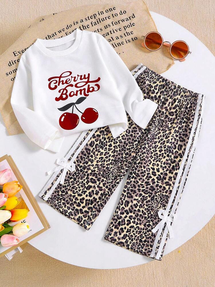 SHEIN 2pcs Girls Autumn/Winter Sweet Cherry Leopard Print Set, Cherry Print Long Sleeve Top + Leo... | SHEIN
