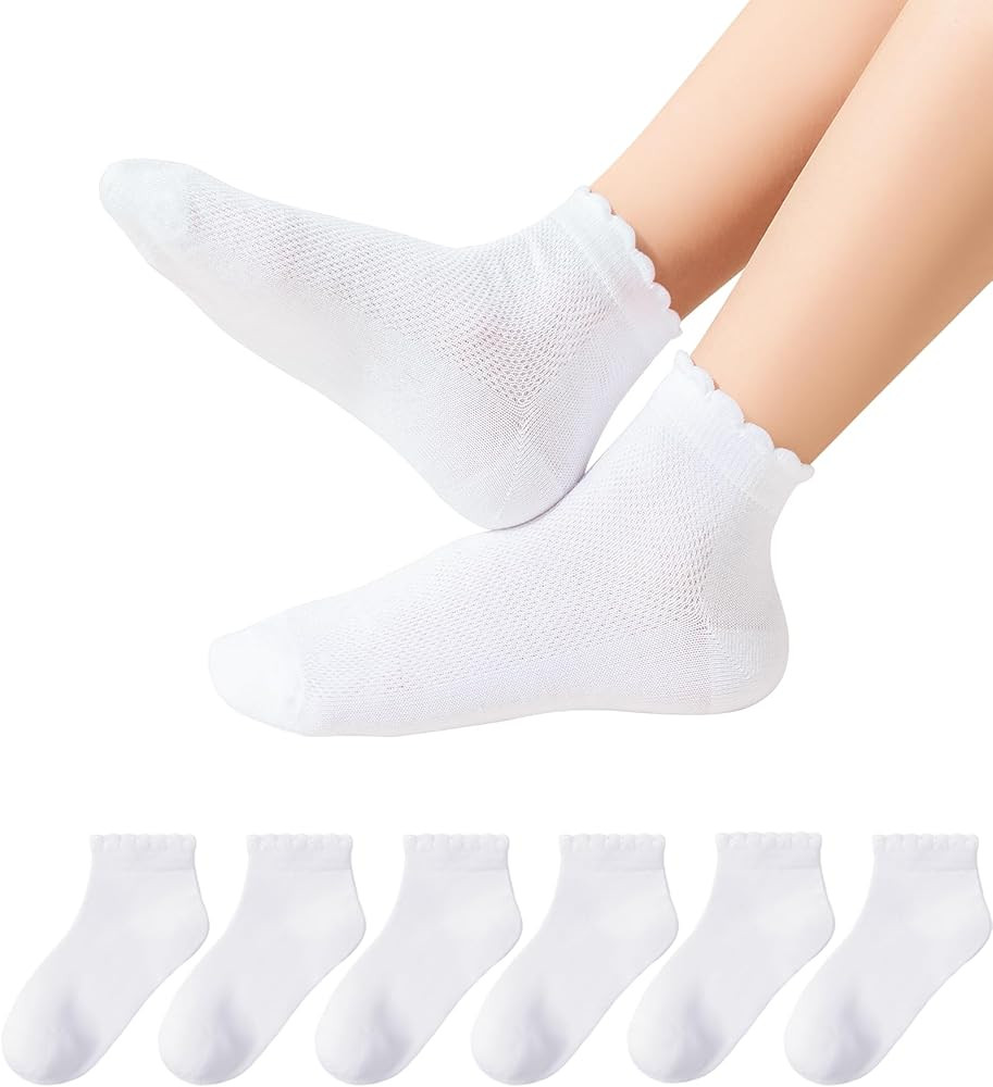 Girls White Ruffle Socks School Uniform Kids Cotton Crew Ankle Cute Frilly Dress Socks 6 Pack | Amazon (US)