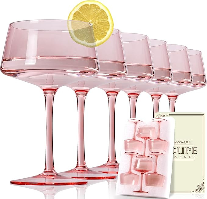 Pink Coupe Glasses Set of 6, Hand Blown Pink Martini Glasses 13Oz, Champagne & Cocktail Luxury Gl... | Amazon (US)