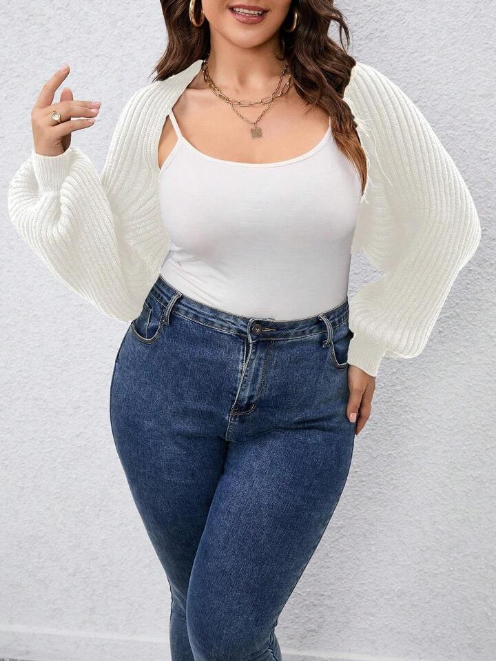Celure Plus Batwing Sleeve Open Front Crop Cardigan, For Winter | SHEIN