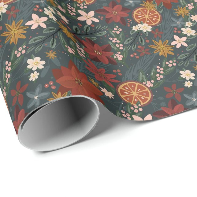 Hand Drawn Vintage Winter Florals Dark Green Wrapping Paper | Zazzle