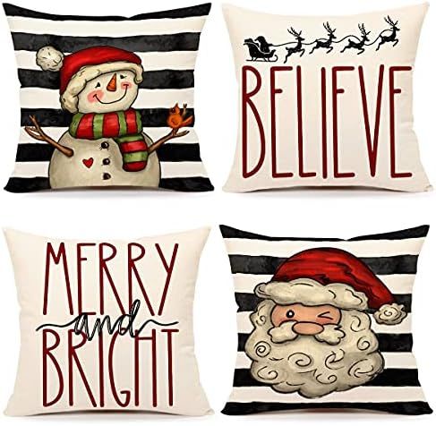 4TH Emotion Christmas Pillow Covers 18x18 Set of 4 Stripe Farmhouse Christmas Decorations Santa C... | Amazon (US)