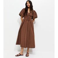 Women's Dark Brown Cotton Puff Sleeve Midi Dress New Look | New Look (UK)