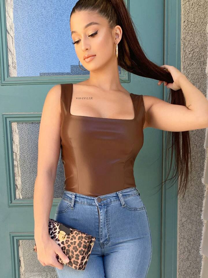 SHEIN Privé Square Neck Zipper Back PU Tank Top | SHEIN