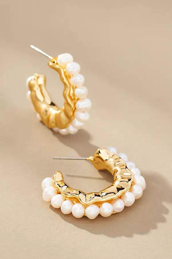 Gold-Plated Mini Pearl Hoop Earrings | Anthropologie (UK)