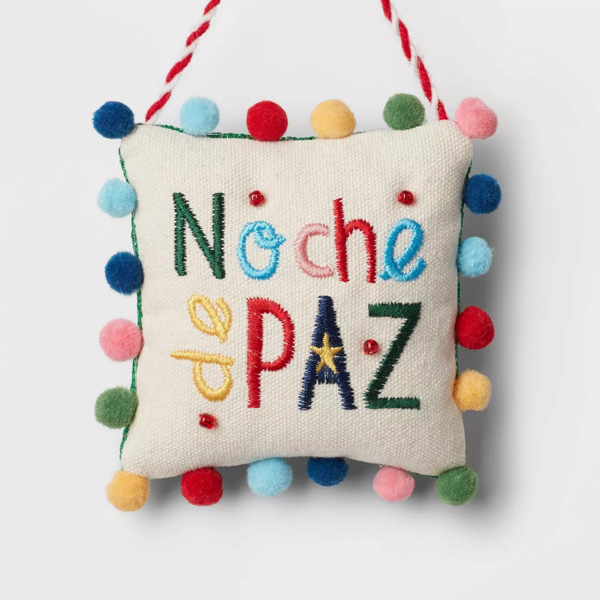 Embroidered 'Noche de Paz' Fabric Pillow with Colorful Poms Christmas Tree Ornament White - Wonde... | Target