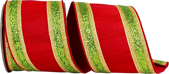 Reliant Ribbon Dupioni Super Glitter Overlay Deluxe Wired Edge Ribbon, Red/Green | Amazon (US)